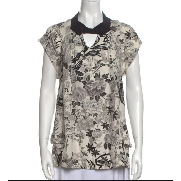 Mayle Sz 2 Black Floral Toile 100% Silk Pleated Ruffle Peplum Keyhole xs Blouse - Picture 1 of 10